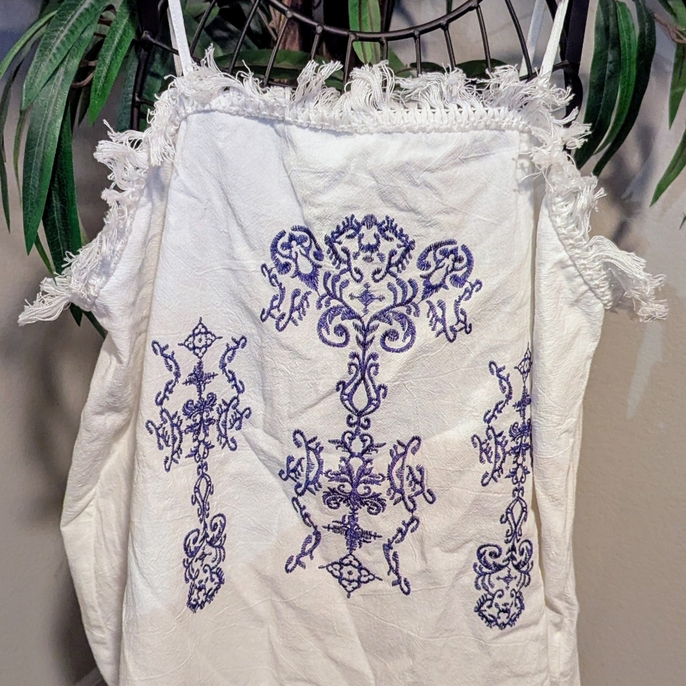 White Tank Top with Blue Embroidery